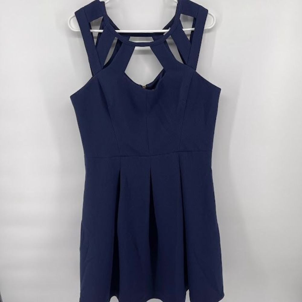 Betsey Johnson Navy Blue Pleated Dress w/Cutout Neck & Pockets Size 14 - Picture 2 of 6